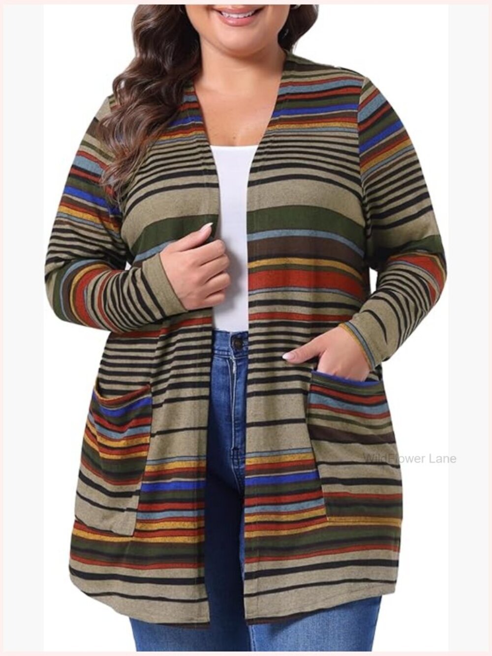Open Front Long Sleeve Stripe Cardigan with Pockets Plus